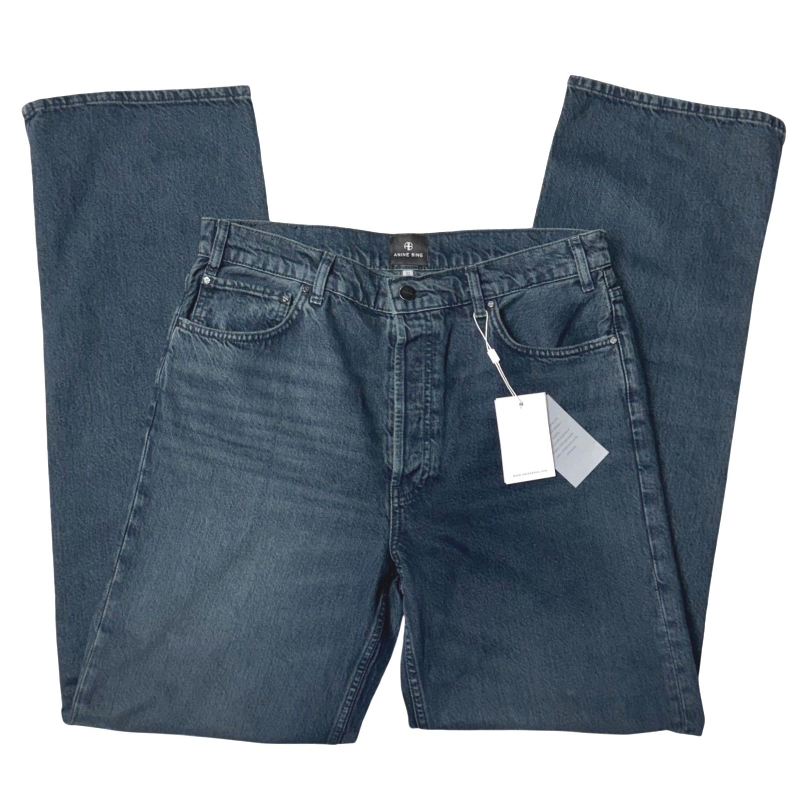 Anine Bing Roy Mid Rise Relaxed Straight Leg Denim Jeans Dark Wash Size 32